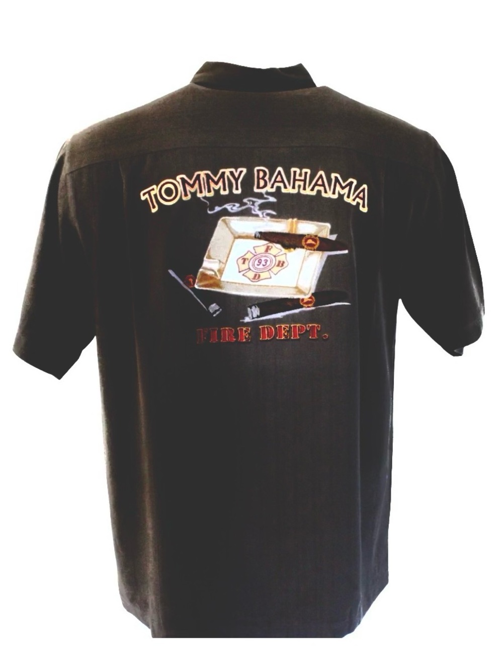 Men’s Tommy Bahama Fire Dept. / cigars embroidered button down silk shirt